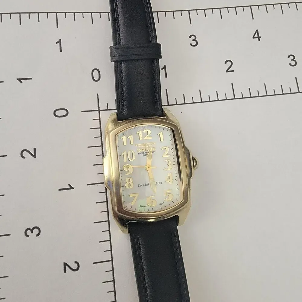 Vintage Invicta 9092 Special Edition Womens Watch Gold Case Black Leather Strap